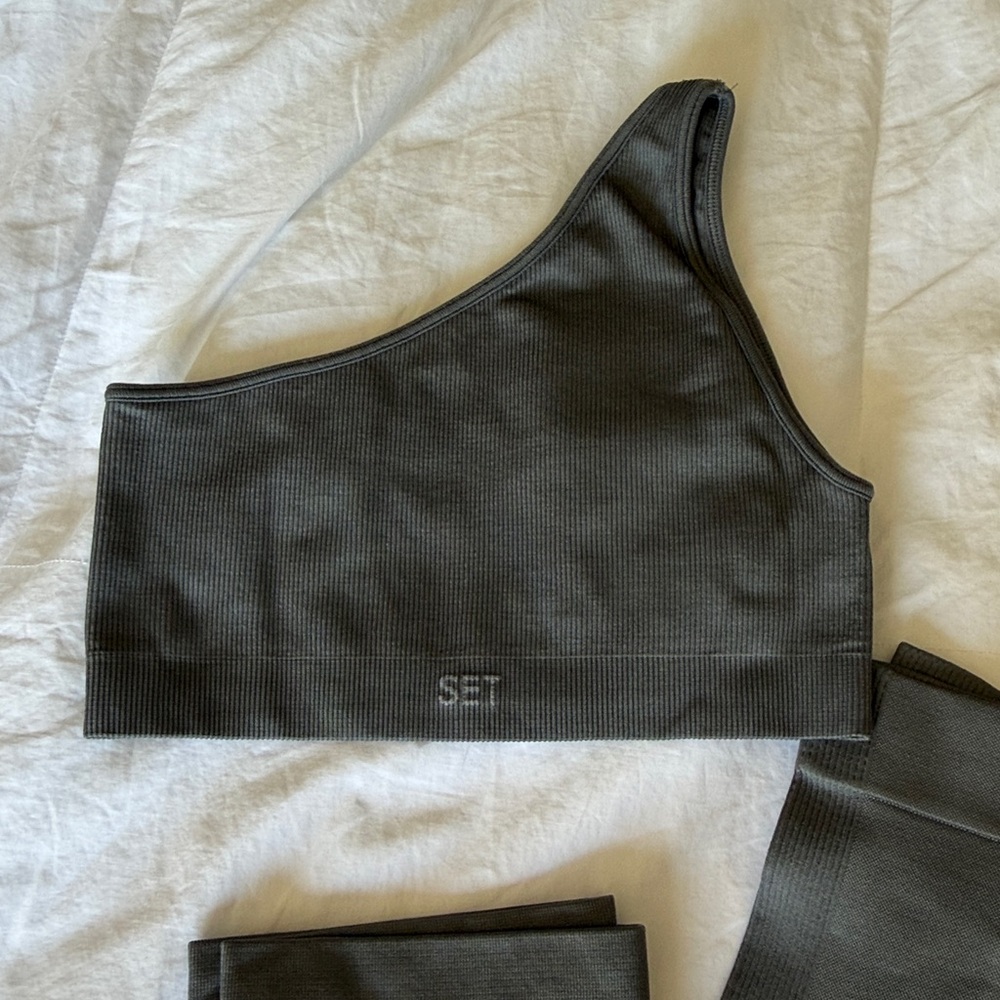 SET Active Grey Ribbed One-Shoulder Active Set XS/S - Picture 2 of 5